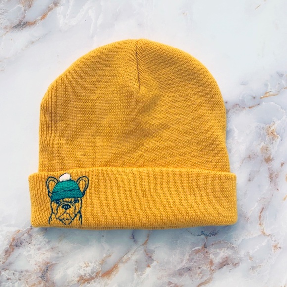 Mustard Yellow Frenchie Hand Embroidered Kids Winter Hat Beanie - Picture 1 of 3